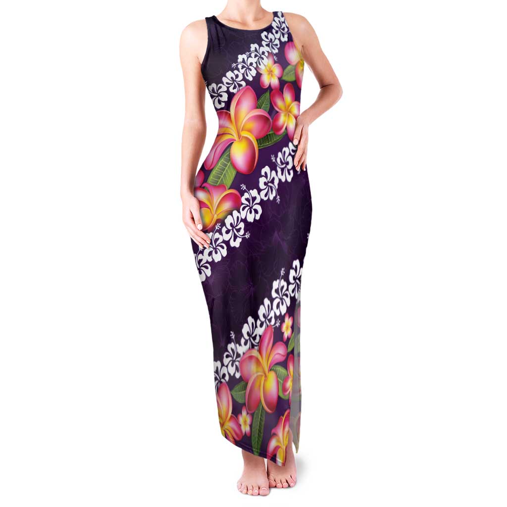 Purple Polynesia Family Matching Tank Maxi Dress and Hawaiian Shirt Plumeria With Hibiscus Pattern Tropical Vibes LT14 Mom's Dress Purple - Polynesian Pride