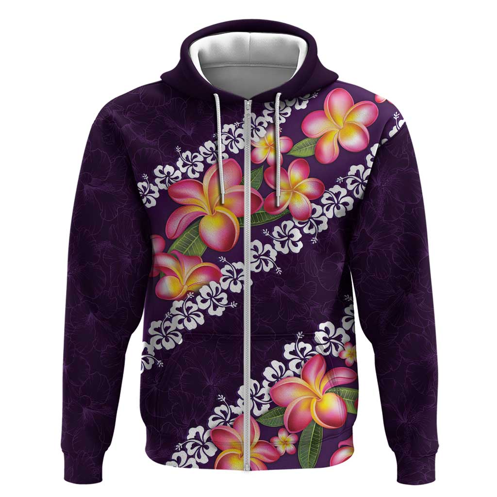Purple Polynesia Hoodie Plumeria With Hibiscus Pattern Tropical Vibes LT14 Zip Hoodie Purple - Polynesian Pride