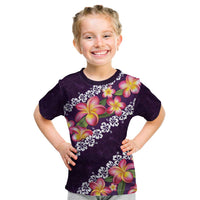Purple Polynesia Kid T Shirt Plumeria With Hibiscus Pattern Tropical Vibes