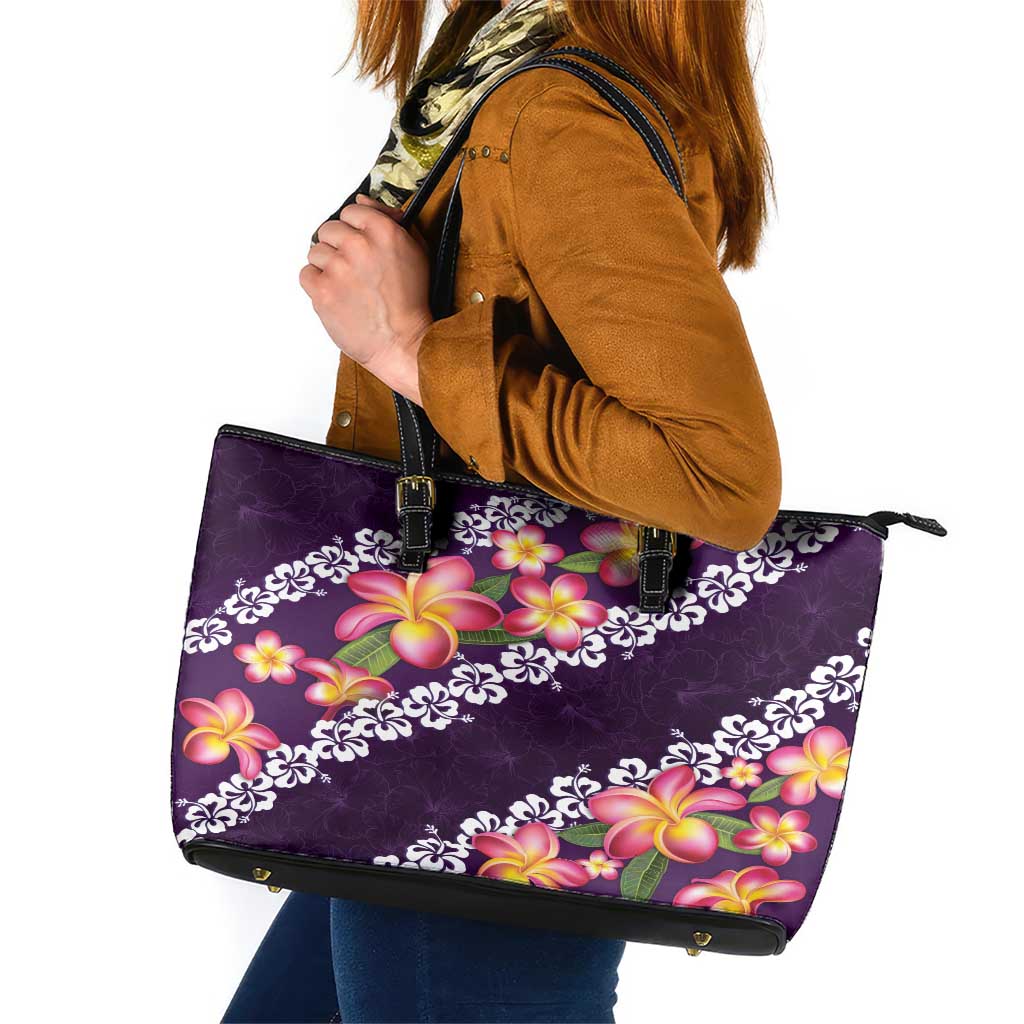 Purple Polynesia Leather Tote Bag Plumeria With Hibiscus Pattern Tropical Vibes LT14 Purple - Polynesian Pride