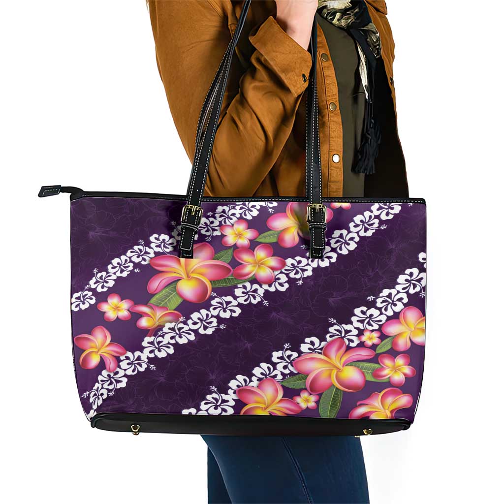 Purple Polynesia Leather Tote Bag Plumeria With Hibiscus Pattern Tropical Vibes LT14 - Polynesian Pride