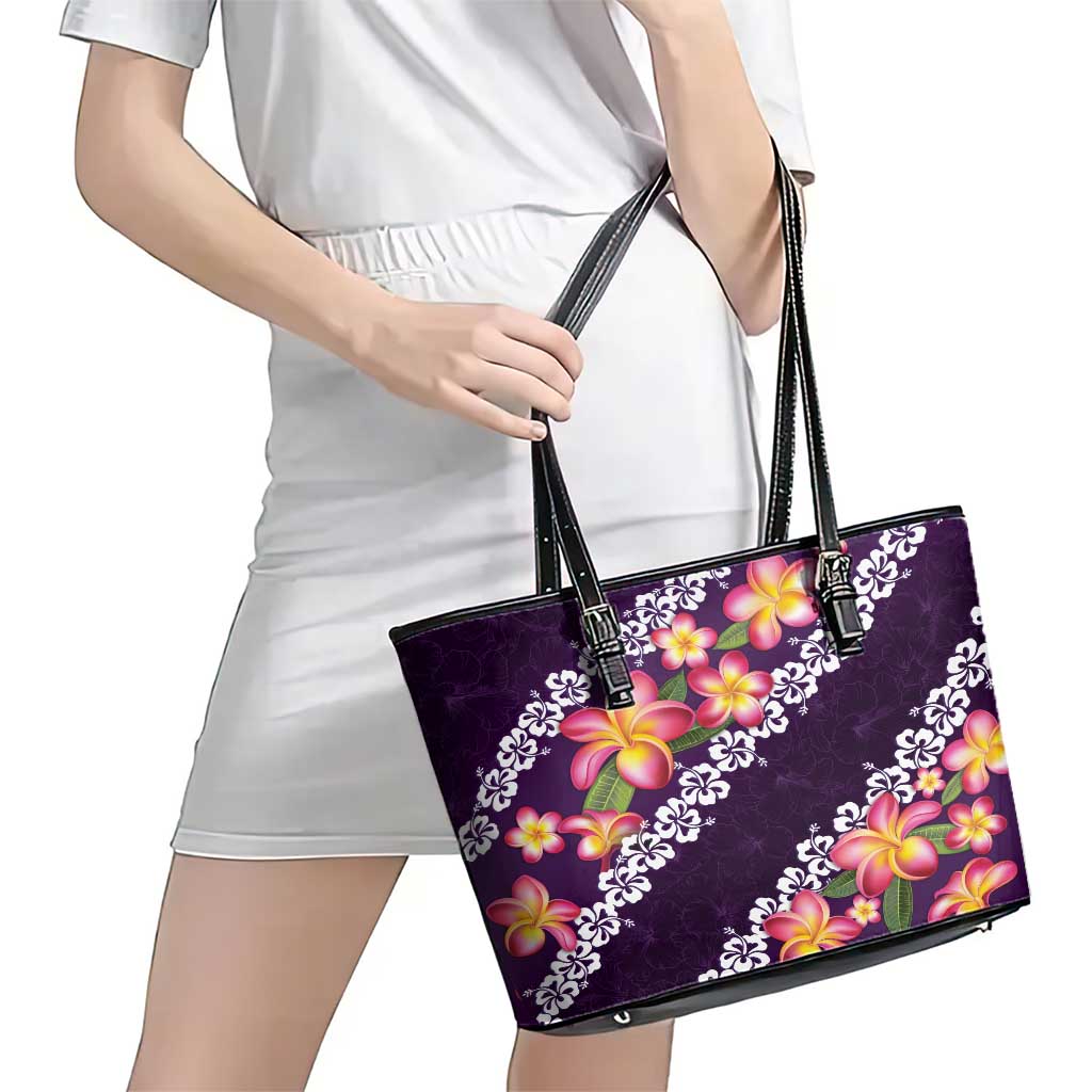 Purple Polynesia Leather Tote Bag Plumeria With Hibiscus Pattern Tropical Vibes LT14 - Polynesian Pride
