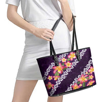 Purple Polynesia Leather Tote Bag Plumeria With Hibiscus Pattern Tropical Vibes LT14 - Polynesian Pride
