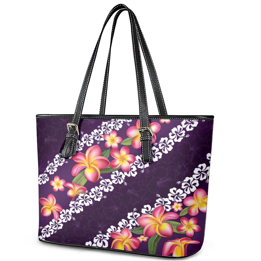 Purple Polynesia Leather Tote Bag Plumeria With Hibiscus Pattern Tropical Vibes LT14 - Polynesian Pride