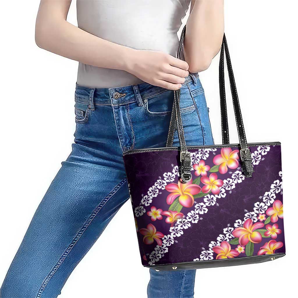 Purple Polynesia Leather Tote Bag Plumeria With Hibiscus Pattern Tropical Vibes LT14 - Polynesian Pride