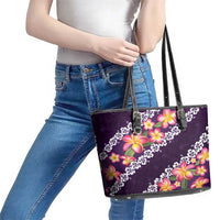 Purple Polynesia Leather Tote Bag Plumeria With Hibiscus Pattern Tropical Vibes LT14 - Polynesian Pride