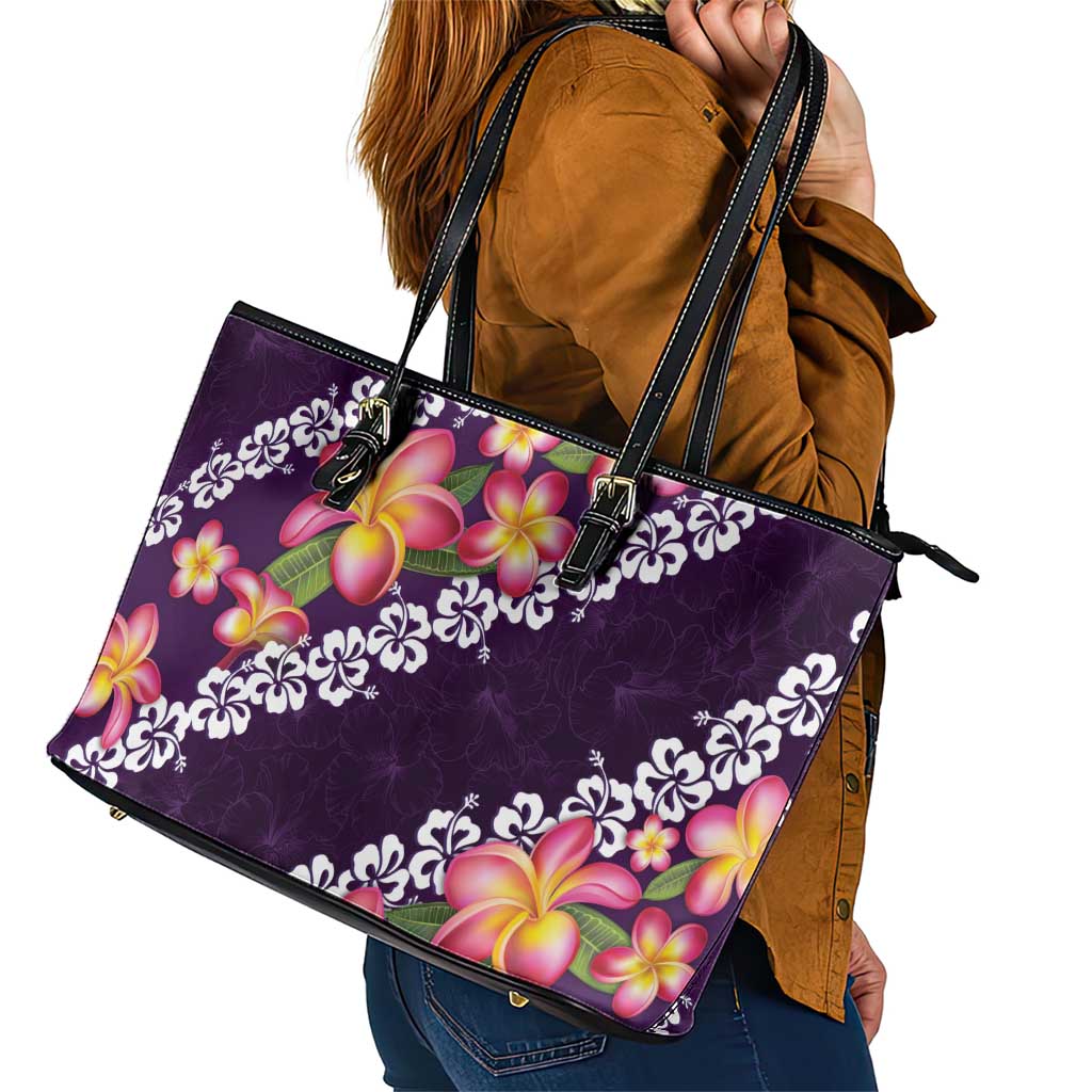 Purple Polynesia Leather Tote Bag Plumeria With Hibiscus Pattern Tropical Vibes LT14 - Polynesian Pride