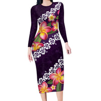 Purple Polynesia Long Sleeve Bodycon Dress Plumeria With Hibiscus Pattern Tropical Vibes LT14 Long Dress Purple - Polynesian Pride