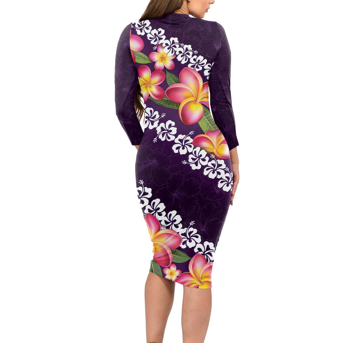 Purple Polynesia Long Sleeve Bodycon Dress Plumeria With Hibiscus Pattern Tropical Vibes LT14 - Polynesian Pride