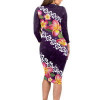 Purple Polynesia Long Sleeve Bodycon Dress Plumeria With Hibiscus Pattern Tropical Vibes LT14 - Polynesian Pride