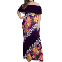 Purple Polynesia Off Shoulder Maxi Dress Plumeria With Hibiscus Pattern Tropical Vibes LT14 Women Purple - Polynesian Pride