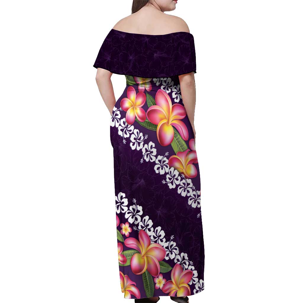 Purple Polynesia Off Shoulder Maxi Dress Plumeria With Hibiscus Pattern Tropical Vibes LT14 - Polynesian Pride