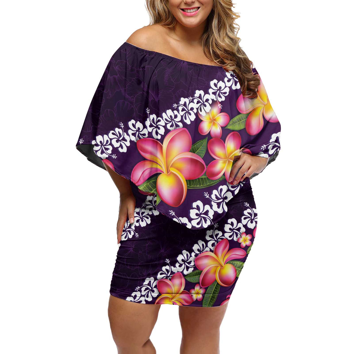 Purple Polynesia Off Shoulder Short Dress Plumeria With Hibiscus Pattern Tropical Vibes LT14 Women Purple - Polynesian Pride