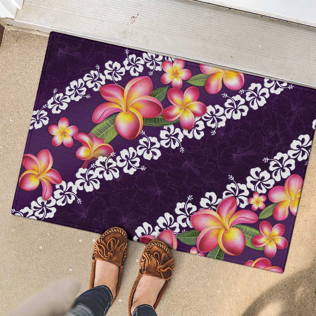 Purple Polynesia Rubber Doormat Plumeria With Hibiscus Pattern Tropical Vibes