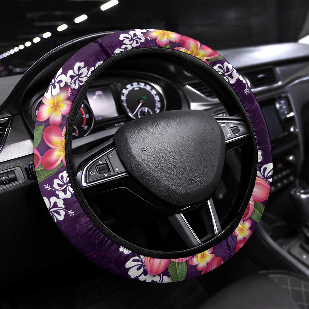 Purple Polynesia Steering Wheel Cover Plumeria With Hibiscus Pattern Tropical Vibes LT14 Universal Fit Purple - Polynesian Pride