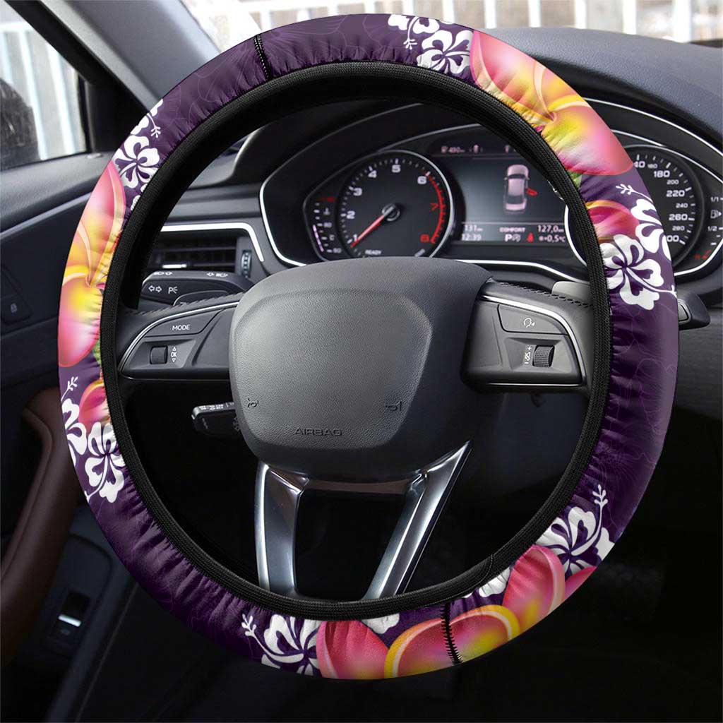 Purple Polynesia Steering Wheel Cover Plumeria With Hibiscus Pattern Tropical Vibes LT14 - Polynesian Pride