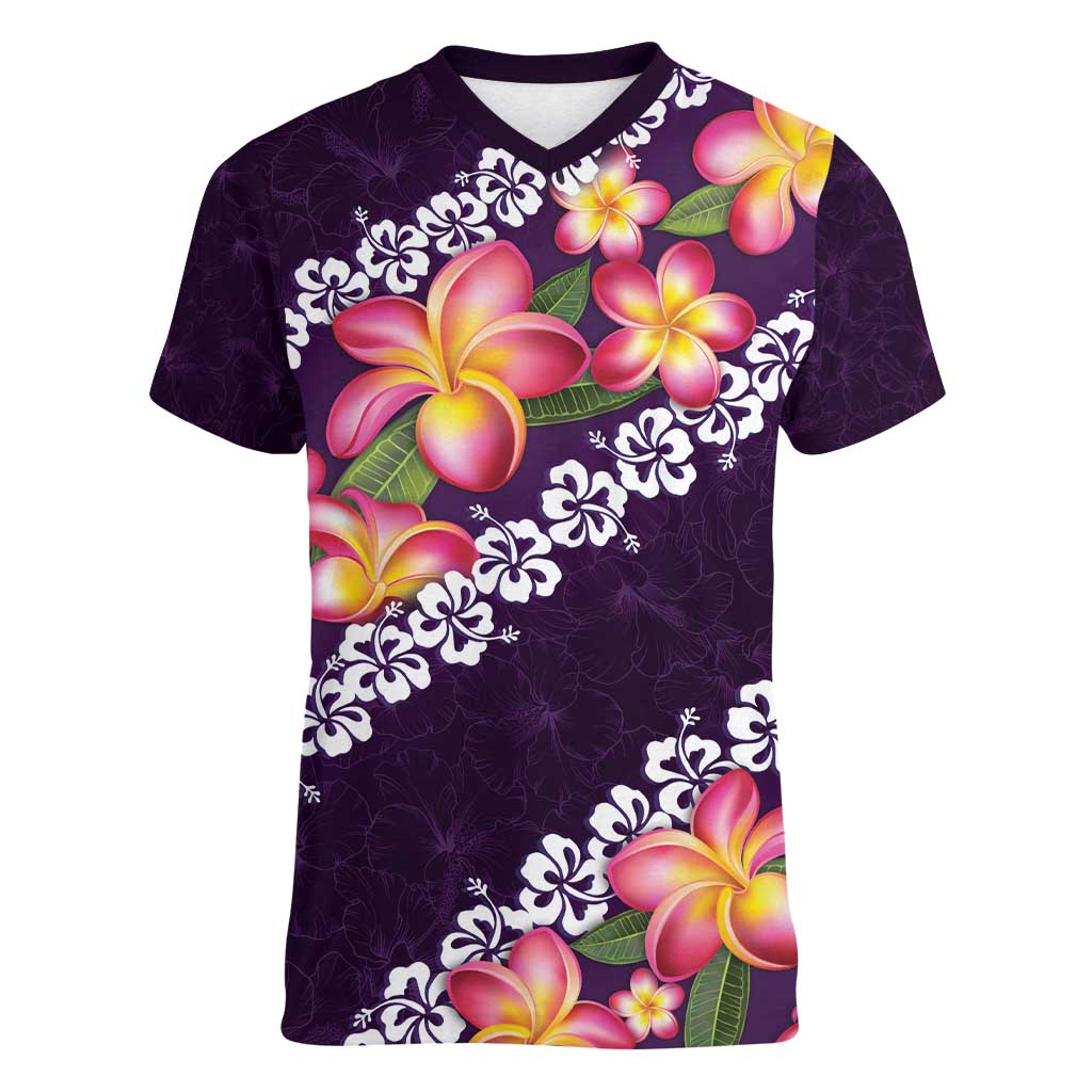 Purple Polynesia Women V-Neck T-Shirt Plumeria With Hibiscus Pattern Tropical Vibes