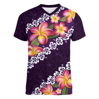 Purple Polynesia Women V-Neck T-Shirt Plumeria With Hibiscus Pattern Tropical Vibes