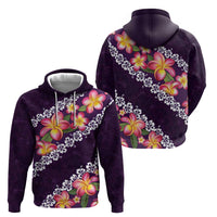 Purple Polynesia Zip Hoodie Plumeria With Hibiscus Pattern Tropical Vibes LT14 - Polynesian Pride
