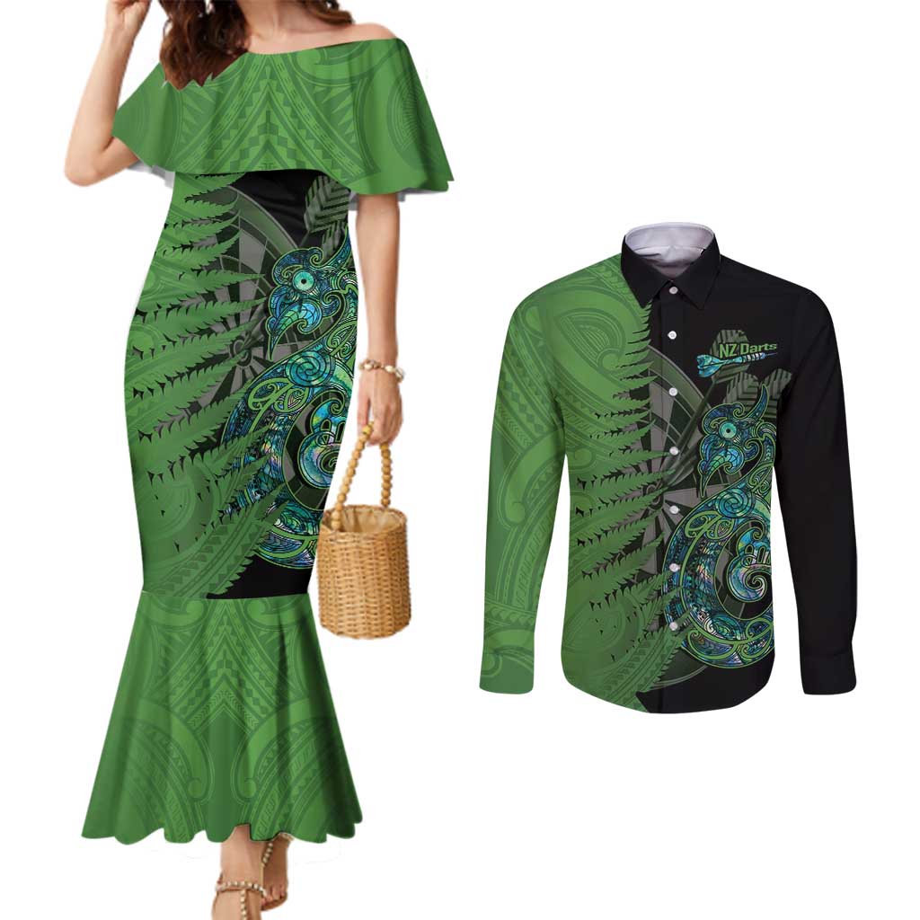 Personalised New Zealand Darts Couples Matching Mermaid Dress and Long Sleeve Button Shirt Aotearoa Maori Fern Mix Manaia Tattoo LT14 Green - Polynesian Pride