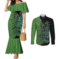 Personalised New Zealand Darts Couples Matching Mermaid Dress and Long Sleeve Button Shirt Aotearoa Maori Fern Mix Manaia Tattoo LT14 Green - Polynesian Pride