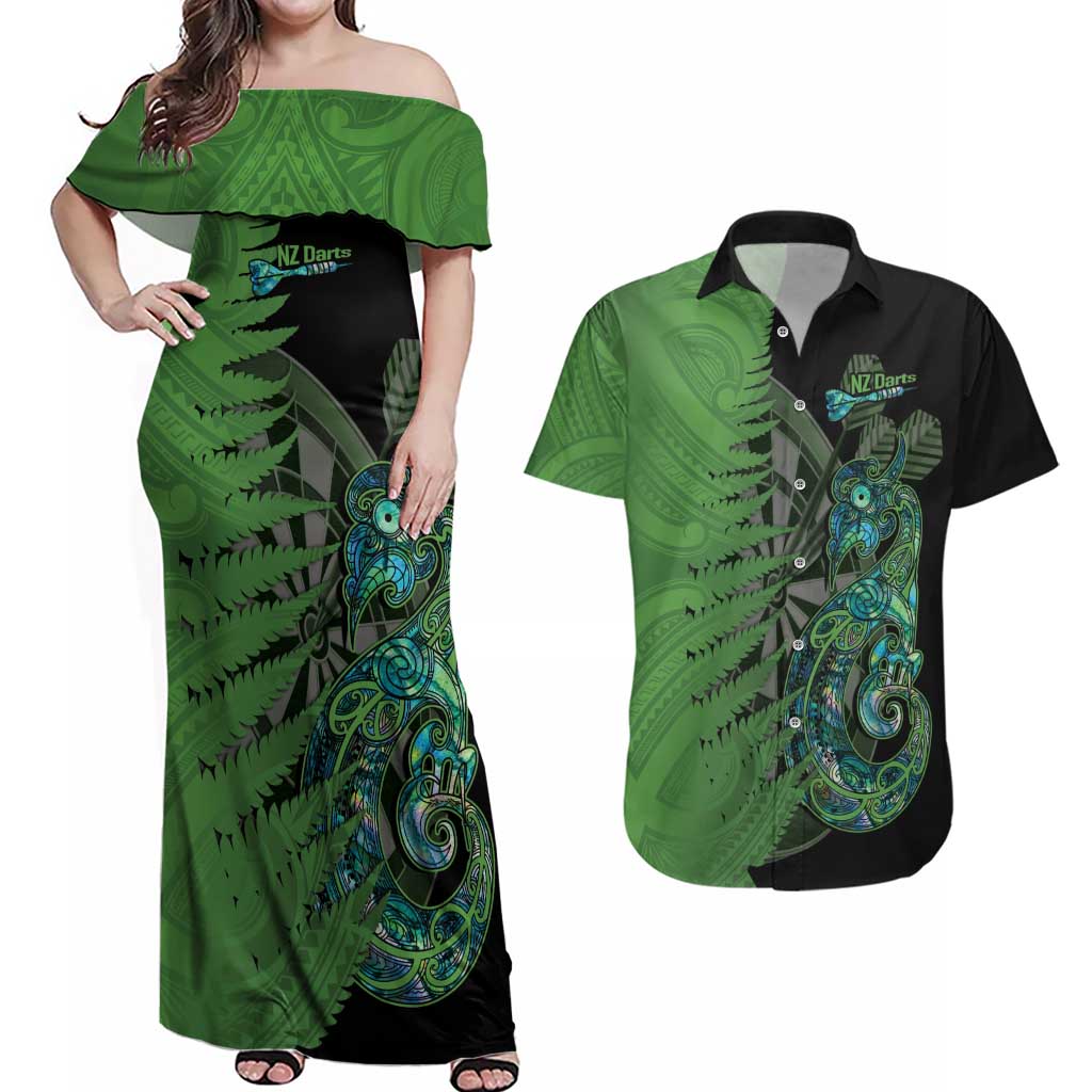 Personalised New Zealand Darts Couples Matching Off Shoulder Maxi Dress and Hawaiian Shirt Aotearoa Maori Fern Mix Manaia Tattoo LT14 Green - Polynesian Pride