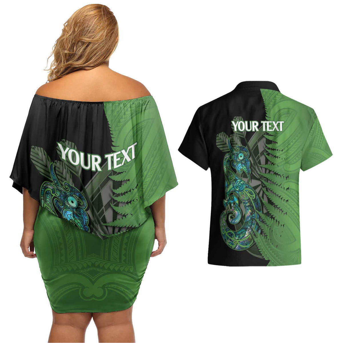 Personalised New Zealand Darts Couples Matching Off Shoulder Short Dress and Hawaiian Shirt Aotearoa Maori Fern Mix Manaia Tattoo LT14 - Polynesian Pride