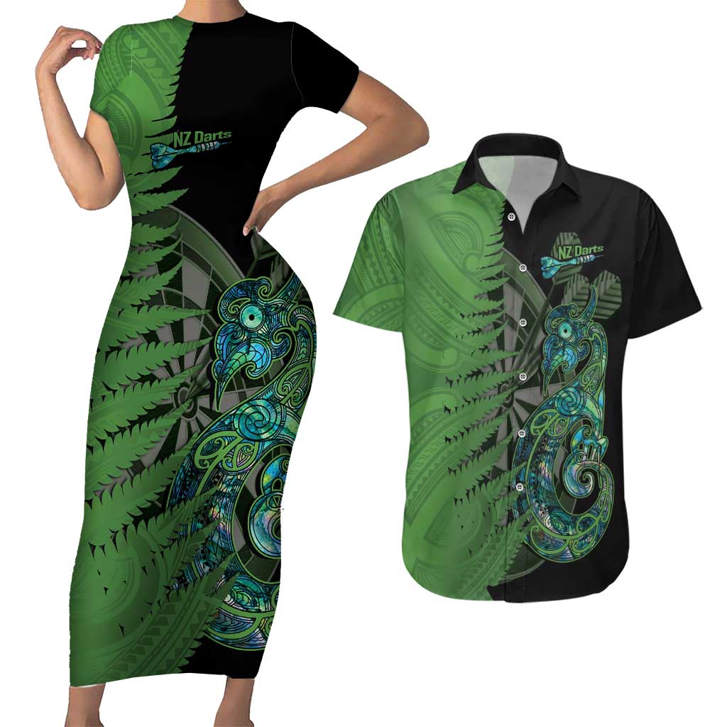 Personalised New Zealand Darts Couples Matching Short Sleeve Bodycon Dress and Hawaiian Shirt Aotearoa Maori Fern Mix Manaia Tattoo LT14 Green - Polynesian Pride