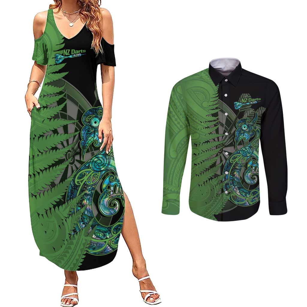 Personalised New Zealand Darts Couples Matching Summer Maxi Dress and Long Sleeve Button Shirt Aotearoa Maori Fern Mix Manaia Tattoo LT14 Green - Polynesian Pride