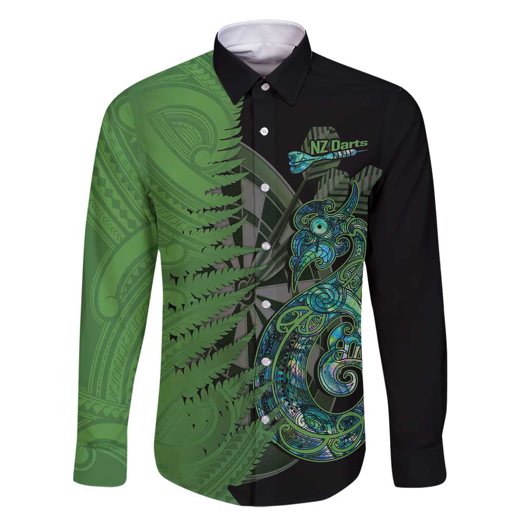 Personalised New Zealand Darts Family Matching Long Sleeve Bodycon Dress and Hawaiian Shirt Aotearoa Maori Fern Mix Manaia Tattoo LT14 Dad's Shirt - Long Sleeve Green - Polynesian Pride