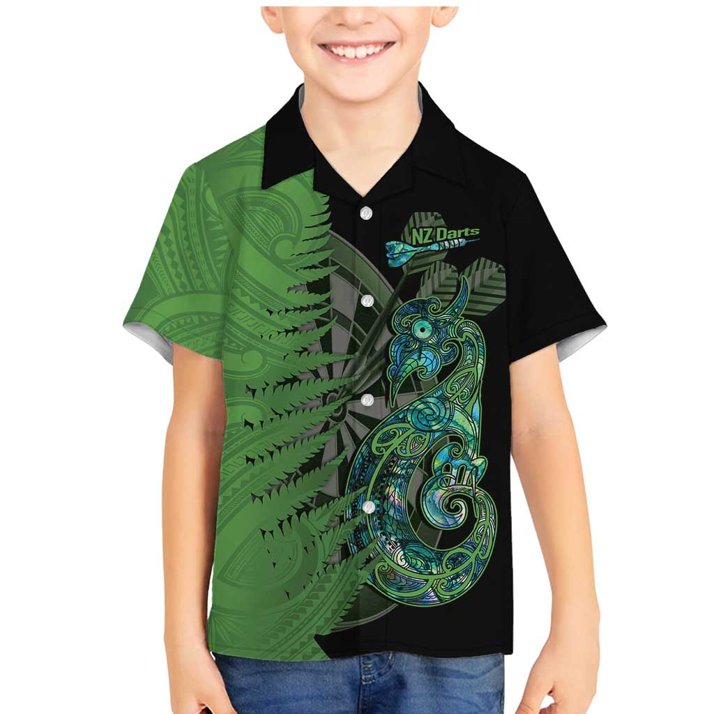 Personalised New Zealand Darts Family Matching Mermaid Dress and Hawaiian Shirt Aotearoa Maori Fern Mix Manaia Tattoo LT14 Son's Shirt Green - Polynesian Pride