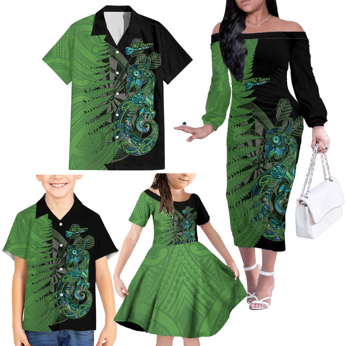 Personalised New Zealand Darts Family Matching Off The Shoulder Long Sleeve Dress and Hawaiian Shirt Aotearoa Maori Fern Mix Manaia Tattoo LT14 - Polynesian Pride