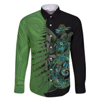 Personalised New Zealand Darts Family Matching Off The Shoulder Long Sleeve Dress and Hawaiian Shirt Aotearoa Maori Fern Mix Manaia Tattoo LT14 Dad's Shirt - Long Sleeve Green - Polynesian Pride