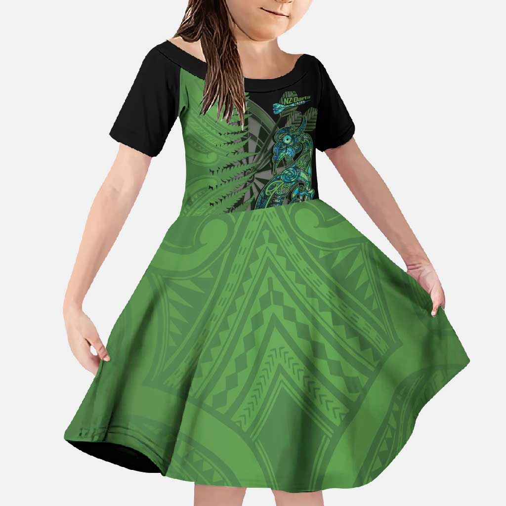 Personalised New Zealand Darts Family Matching Off Shoulder Maxi Dress and Hawaiian Shirt Aotearoa Maori Fern Mix Manaia Tattoo LT14 Daughter's Dress Green - Polynesian Pride