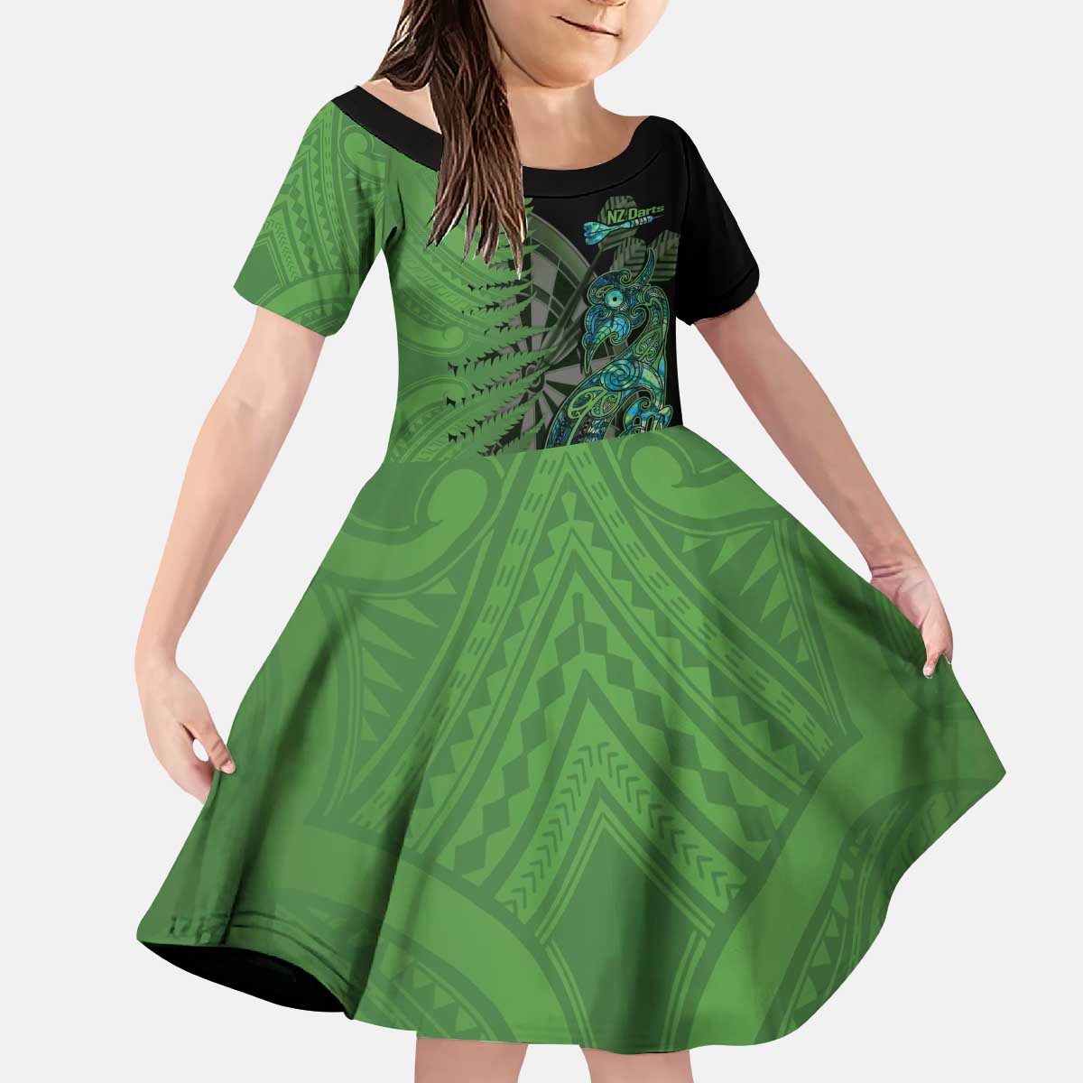 Personalised New Zealand Darts Family Matching Puletasi and Hawaiian Shirt Aotearoa Maori Fern Mix Manaia Tattoo LT14 Daughter's Dress Green - Polynesian Pride