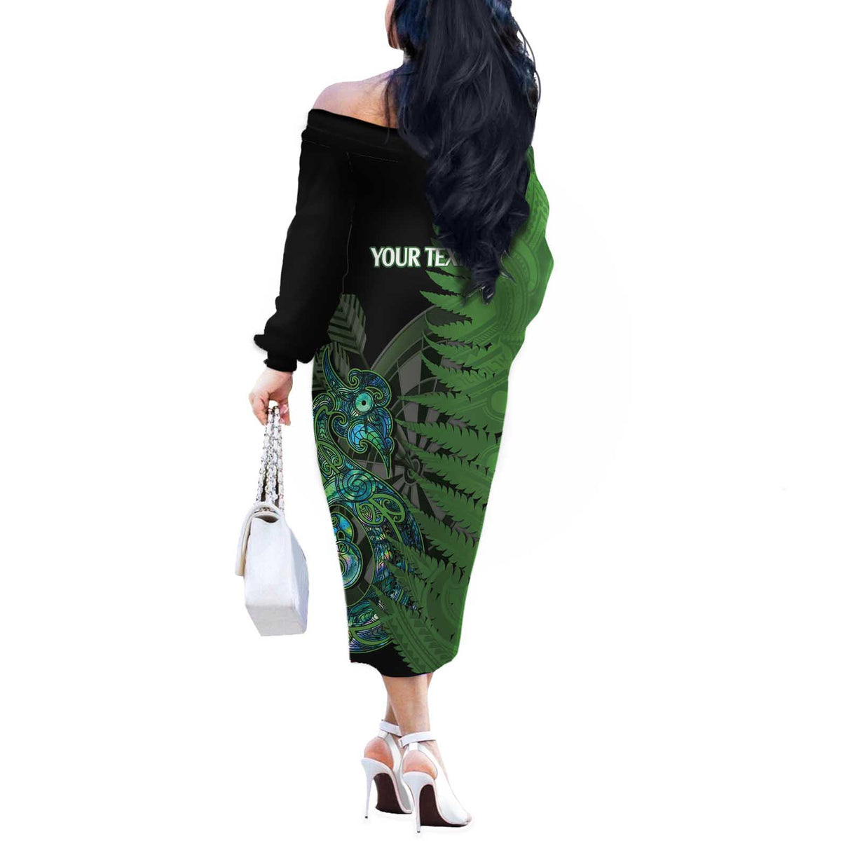 Personalised New Zealand Darts Off The Shoulder Long Sleeve Dress Aotearoa Maori Fern Mix Manaia Tattoo LT14 - Polynesian Pride