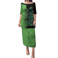 Personalised New Zealand Darts Puletasi Aotearoa Maori Fern Mix Manaia Tattoo LT14 Long Dress Green - Polynesian Pride