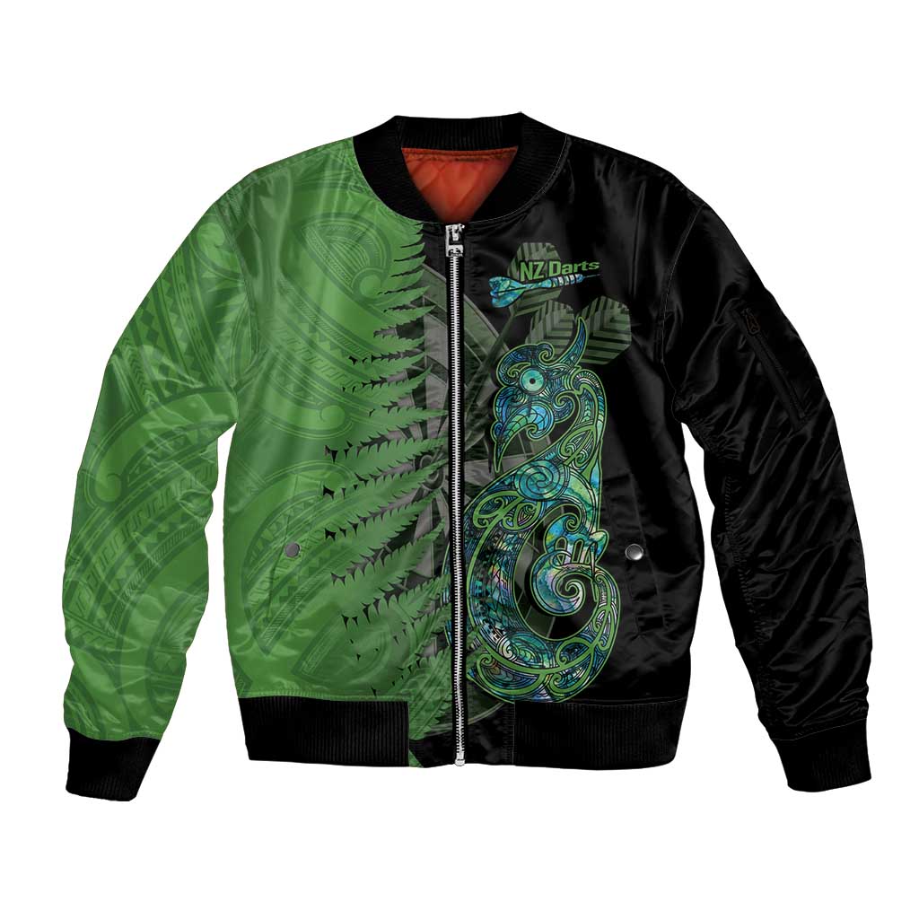 Personalised New Zealand Darts Sleeve Zip Bomber Jacket Aotearoa Maori Fern Mix Manaia Tattoo LT14 Unisex Green - Polynesian Pride