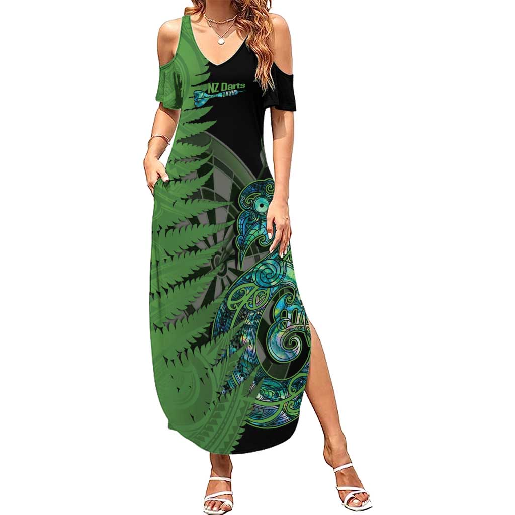 Personalised New Zealand Darts Summer Maxi Dress Aotearoa Maori Fern Mix Manaia Tattoo LT14 Women Green - Polynesian Pride