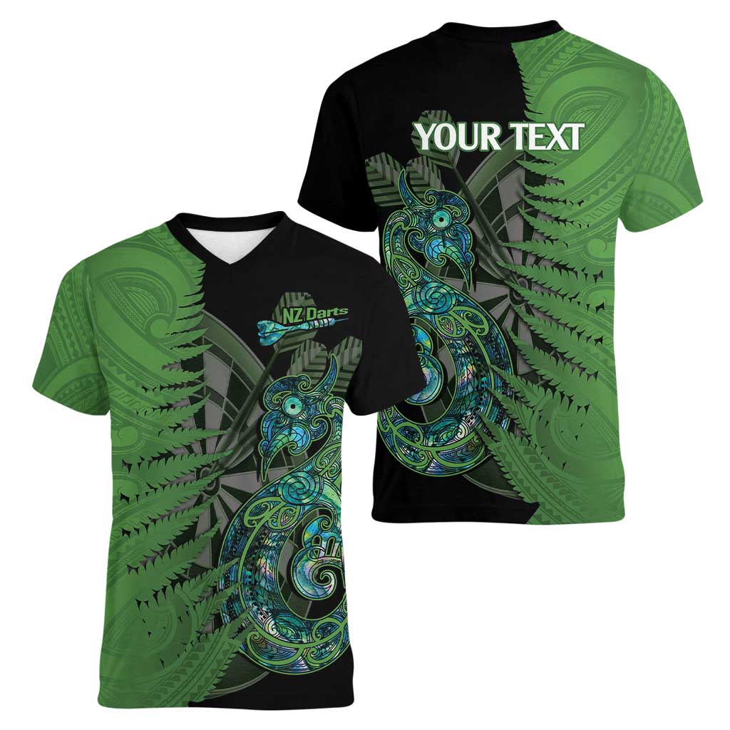Personalised New Zealand Darts Women V-Neck T-Shirt Aotearoa Maori Fern Mix Manaia Tattoo LT14 - Polynesian Pride