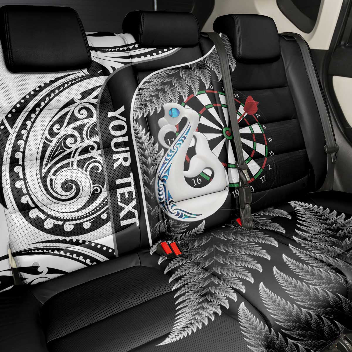 Personalised New Zealand Darts Back Car Seat Cover Aotearoa Fern Mix Paua Shell Manaia - Black LT14 - Polynesian Pride