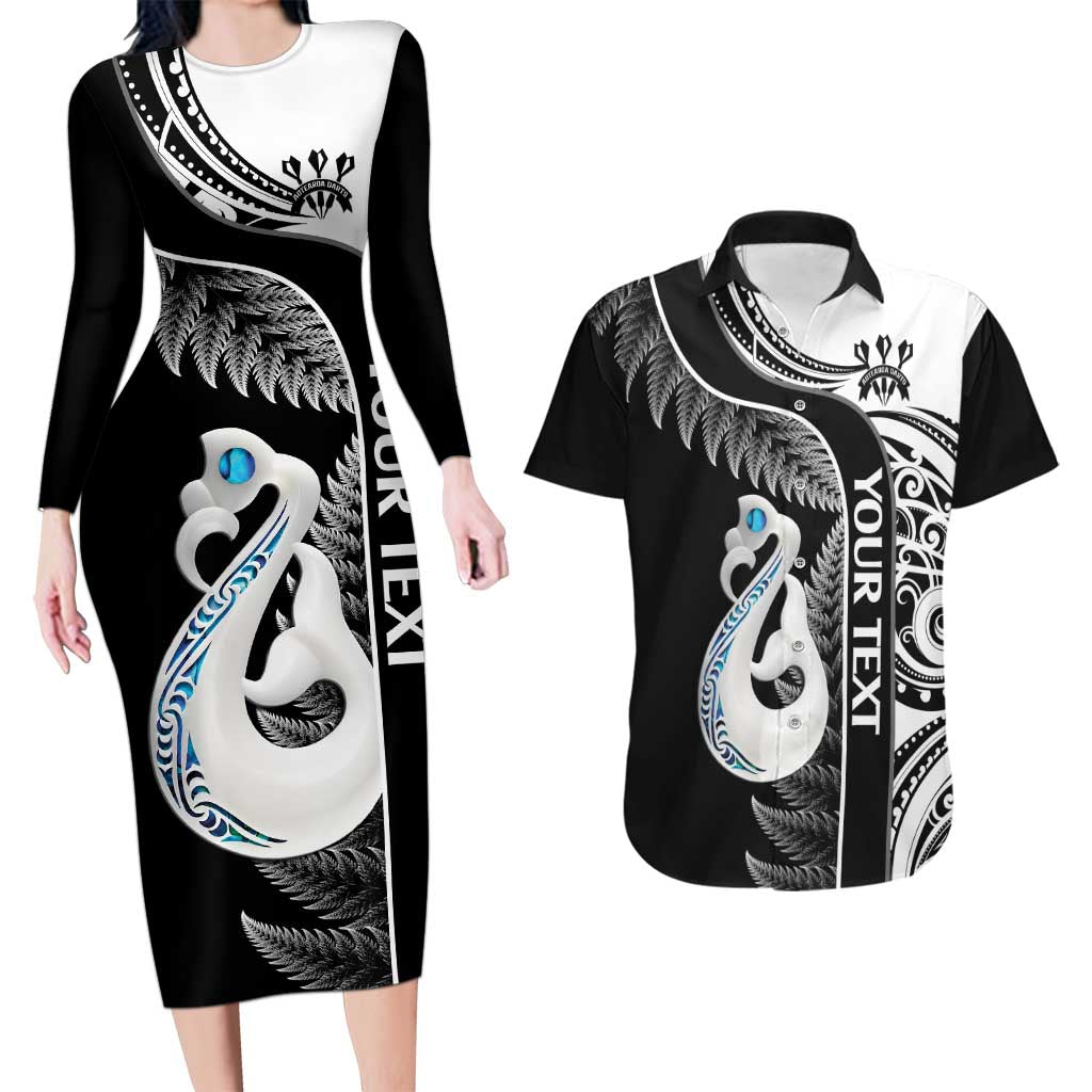 Personalised New Zealand Darts Couples Matching Long Sleeve Bodycon Dress and Hawaiian Shirt Aotearoa Fern Mix Paua Shell Manaia - Black LT14 Black - Polynesian Pride