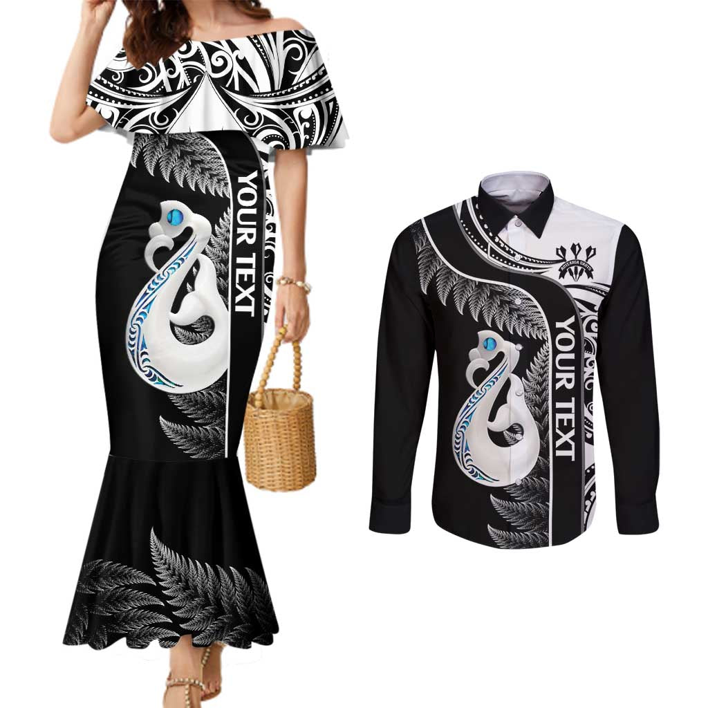 Personalised New Zealand Darts Couples Matching Mermaid Dress and Long Sleeve Button Shirt Aotearoa Fern Mix Paua Shell Manaia - Black LT14 Black - Polynesian Pride