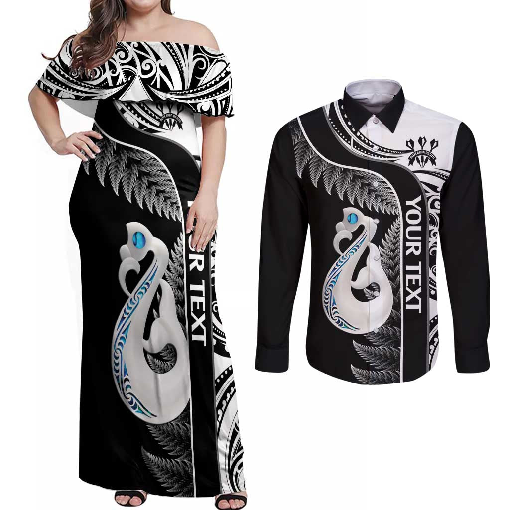 Personalised New Zealand Darts Couples Matching Off Shoulder Maxi Dress and Long Sleeve Button Shirt Aotearoa Fern Mix Paua Shell Manaia - Black LT14 Black - Polynesian Pride