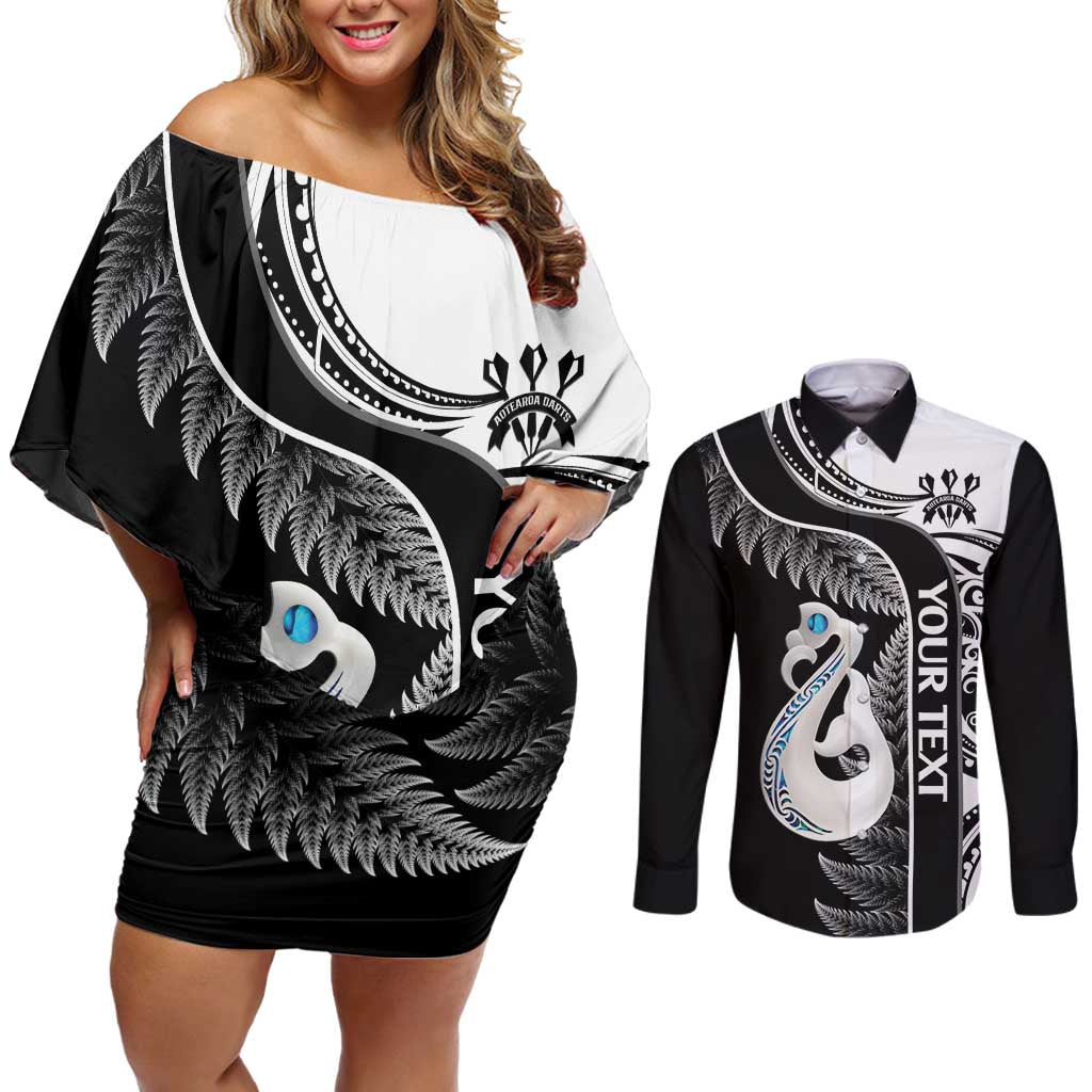 Personalised New Zealand Darts Couples Matching Off Shoulder Short Dress and Long Sleeve Button Shirt Aotearoa Fern Mix Paua Shell Manaia - Black LT14 Black - Polynesian Pride