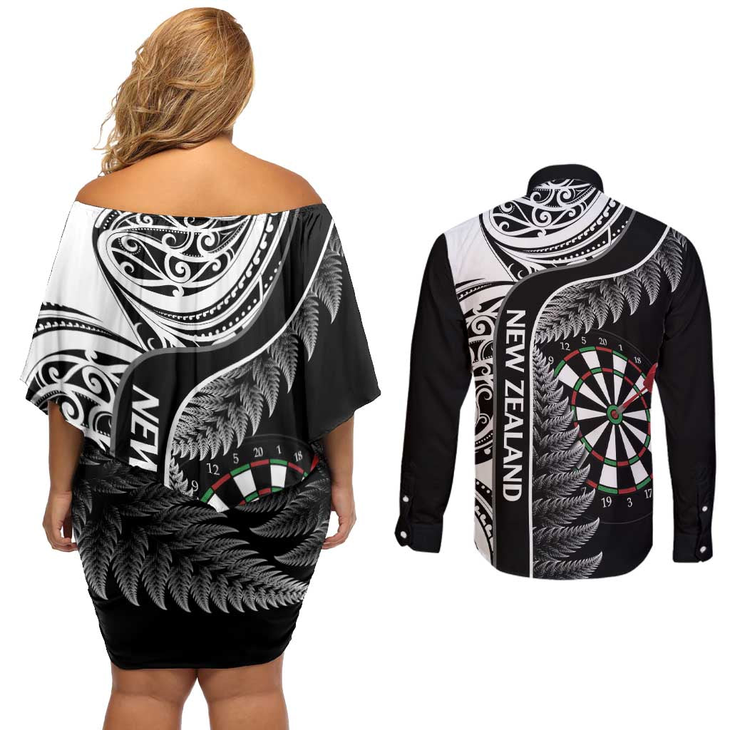 Personalised New Zealand Darts Couples Matching Off Shoulder Short Dress and Long Sleeve Button Shirt Aotearoa Fern Mix Paua Shell Manaia - Black LT14 - Polynesian Pride