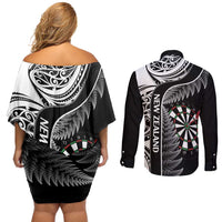 Personalised New Zealand Darts Couples Matching Off Shoulder Short Dress and Long Sleeve Button Shirt Aotearoa Fern Mix Paua Shell Manaia - Black LT14 - Polynesian Pride