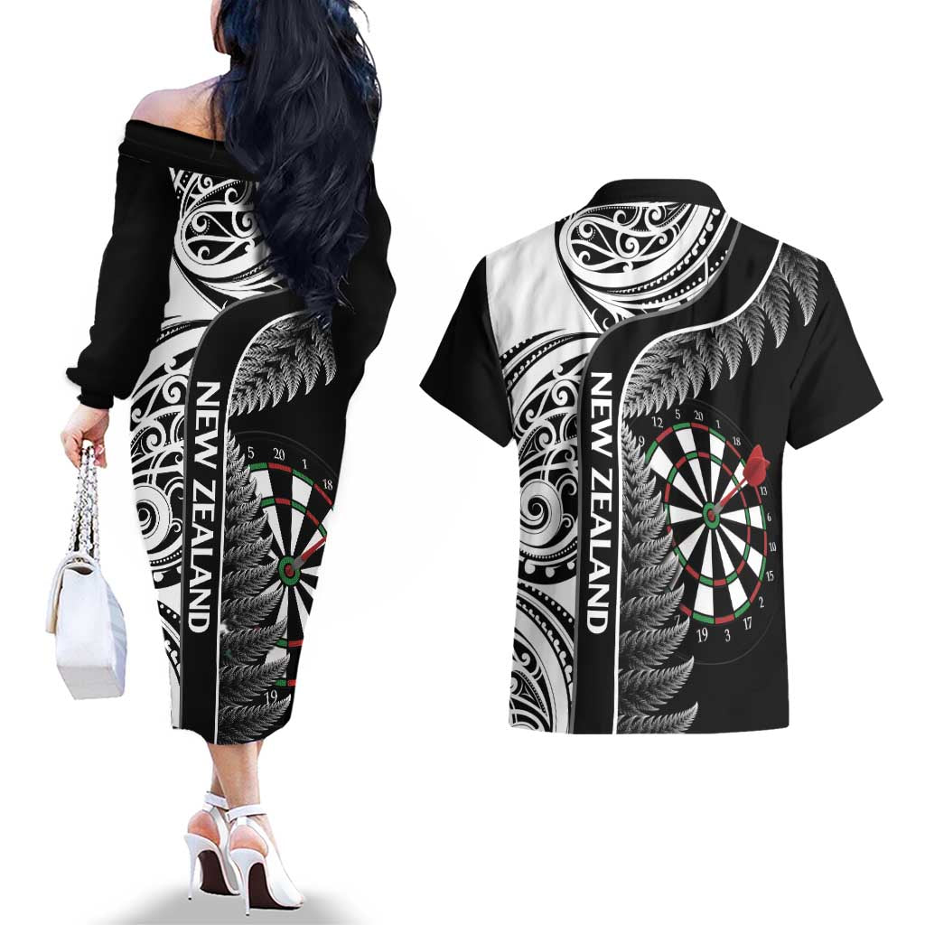 Personalised New Zealand Darts Couples Matching Off The Shoulder Long Sleeve Dress and Hawaiian Shirt Aotearoa Fern Mix Paua Shell Manaia - Black LT14 - Polynesian Pride