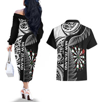 Personalised New Zealand Darts Couples Matching Off The Shoulder Long Sleeve Dress and Hawaiian Shirt Aotearoa Fern Mix Paua Shell Manaia - Black LT14 - Polynesian Pride