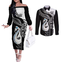 Personalised New Zealand Darts Couples Matching Off The Shoulder Long Sleeve Dress and Long Sleeve Button Shirt Aotearoa Fern Mix Paua Shell Manaia - Black LT14 Black - Polynesian Pride